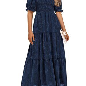 Square Neck Midi Dress Smocked Boho Flowy Elegant Summer Casual